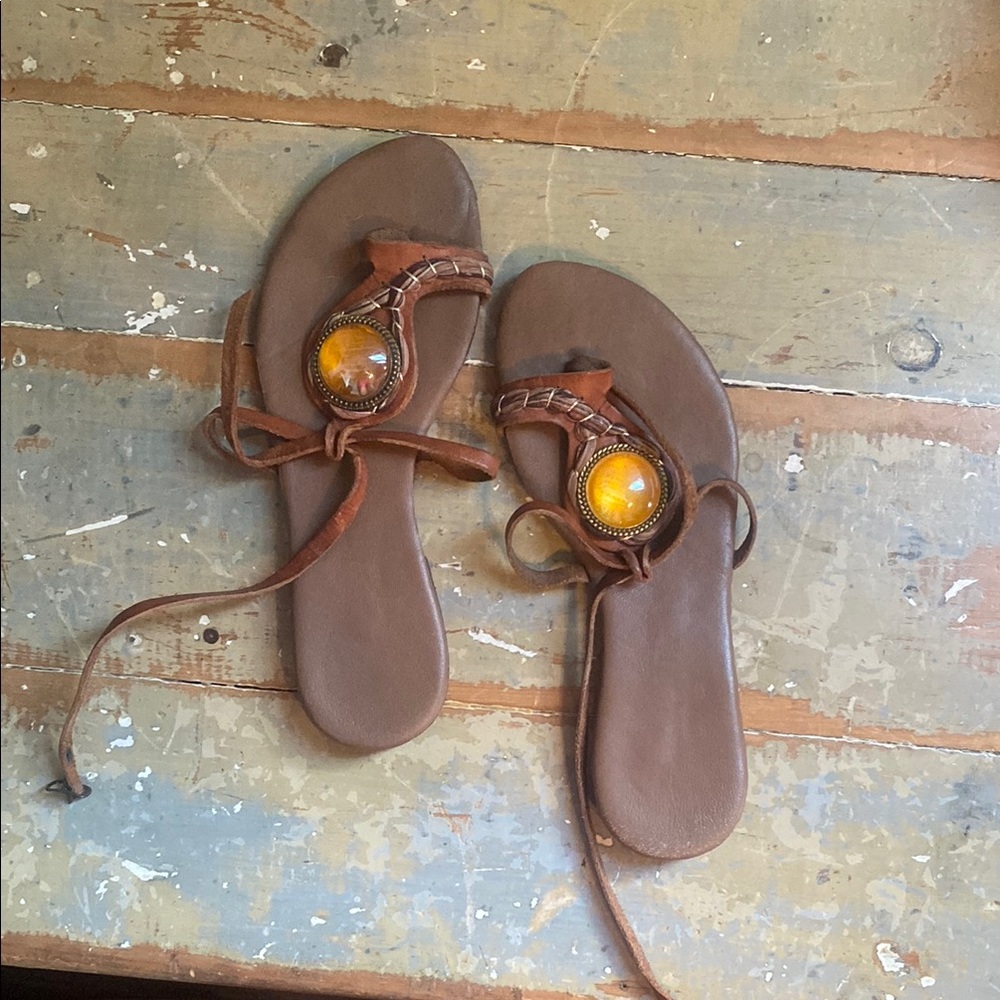 Brown Leather Sandals with Yellow Accent